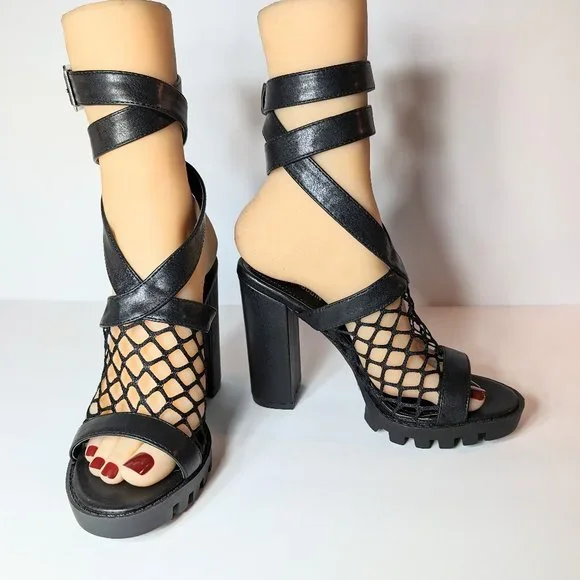Cape Robbin Black Netted Strappy Chunky High Heels - Picture 1 of 13